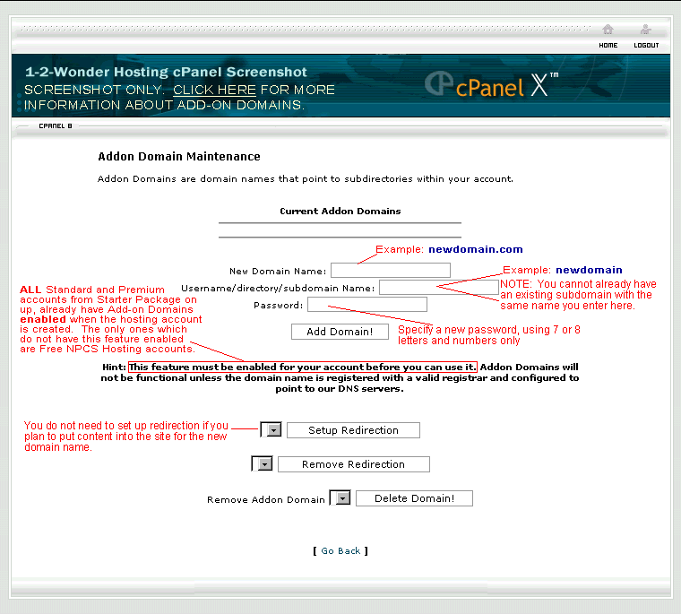 cPanel Screenshot of Add-On domains maintenance screen.  