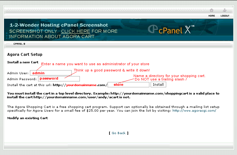 Screenshot of cPanel Agora Shopping Cart installation page