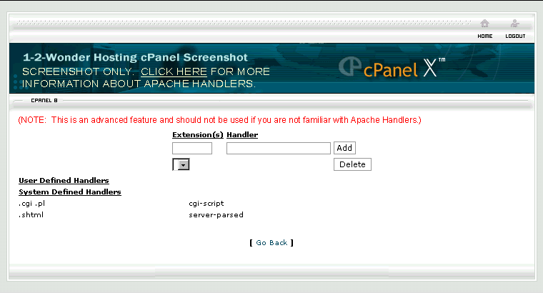 Screenshot of cPanel Apache Handlers Management page