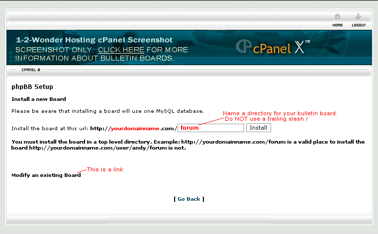Screenshot of Bulletin Board installation page in cPanel (installs phpBB)