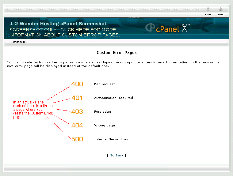 Screenshot of cPanel Custom Error Pages page (where you can create custom error pages for your web site)
