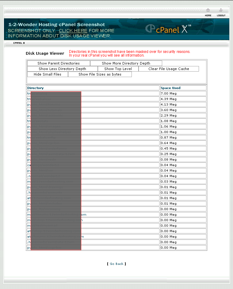 Screenshot of cPanel Disk Usage Viewer page