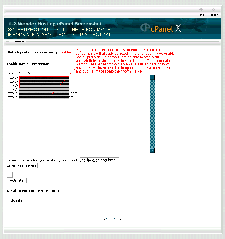 Screenshot of cPanel Hotlink Protection settings page