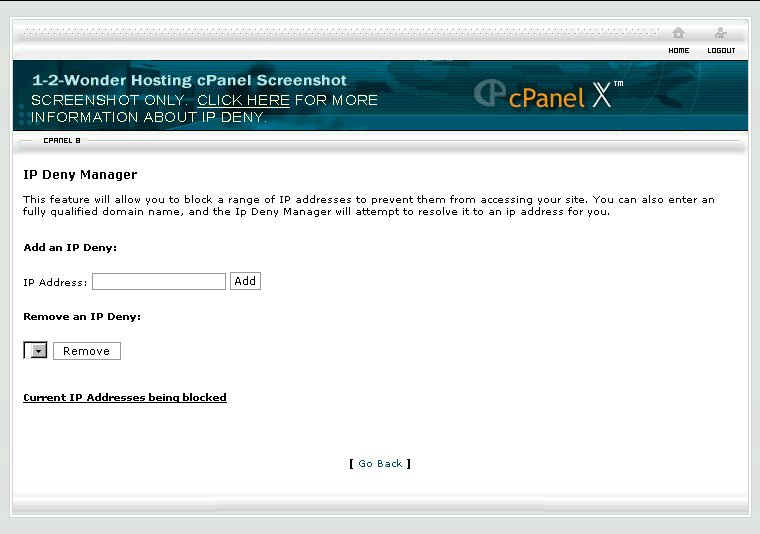 Screenshot of cPanel's IP Deny Manager