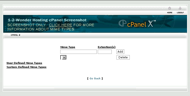 Screenshot of cPanel MIME Types Management page
