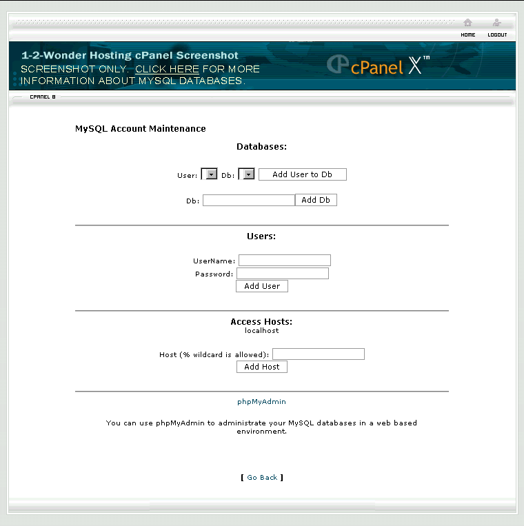 Screenshot of cPanel MySQL Database Account Maintenance page.  Click phpMyAdmin link near bottom to see a phpMyAdmin Screenshot