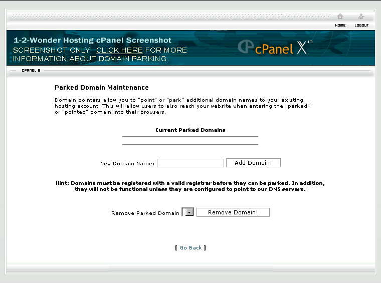 Screenshot of cPanel Domain Parking screen
