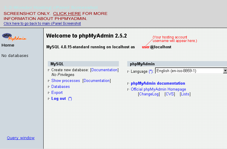 Screenshot of phpMyAdmin main page, as accessed from cPanel