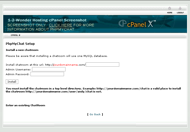 Screenshot of PhpMyChat setup screen in cPanel
