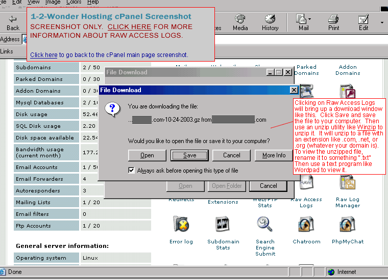 Screenshot of File Download window which pops up when you click on Raw Access Logs in cPanel