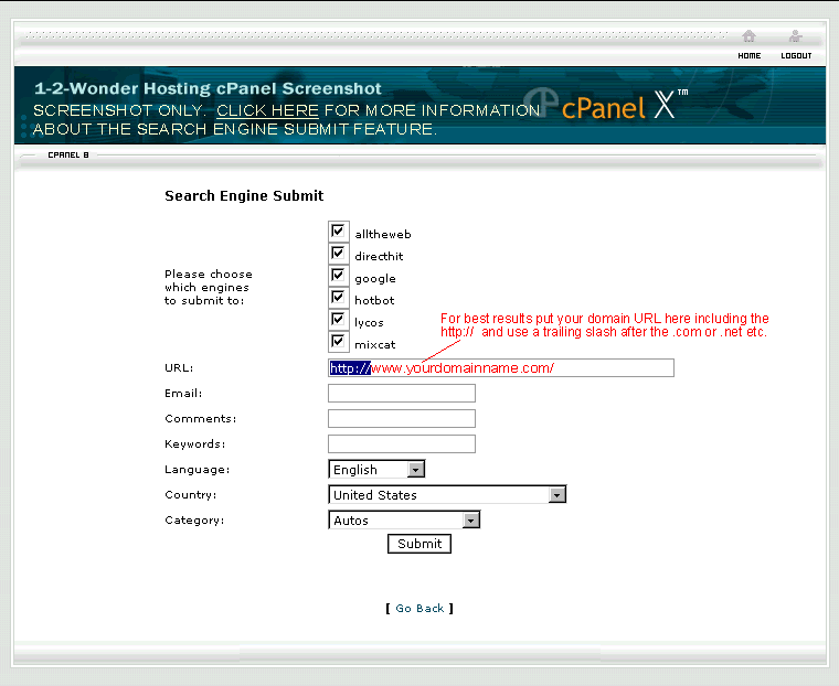 Screenshot of Search Engine Submit feature in cPanel