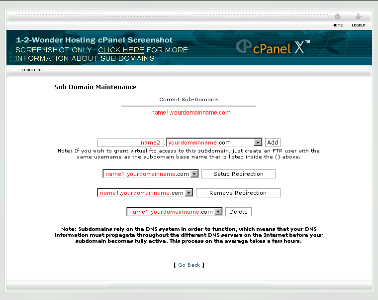 Screenshot of cPanel Sub Domain Maintenance page
